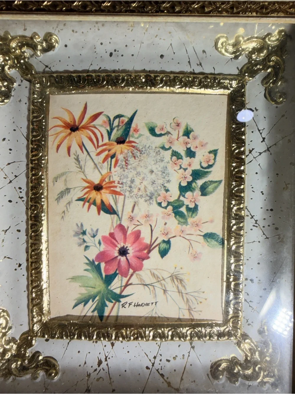 Vintage R.F. Harnett Floral Print Gold Shadow Box Wall Art 7x8 Framed